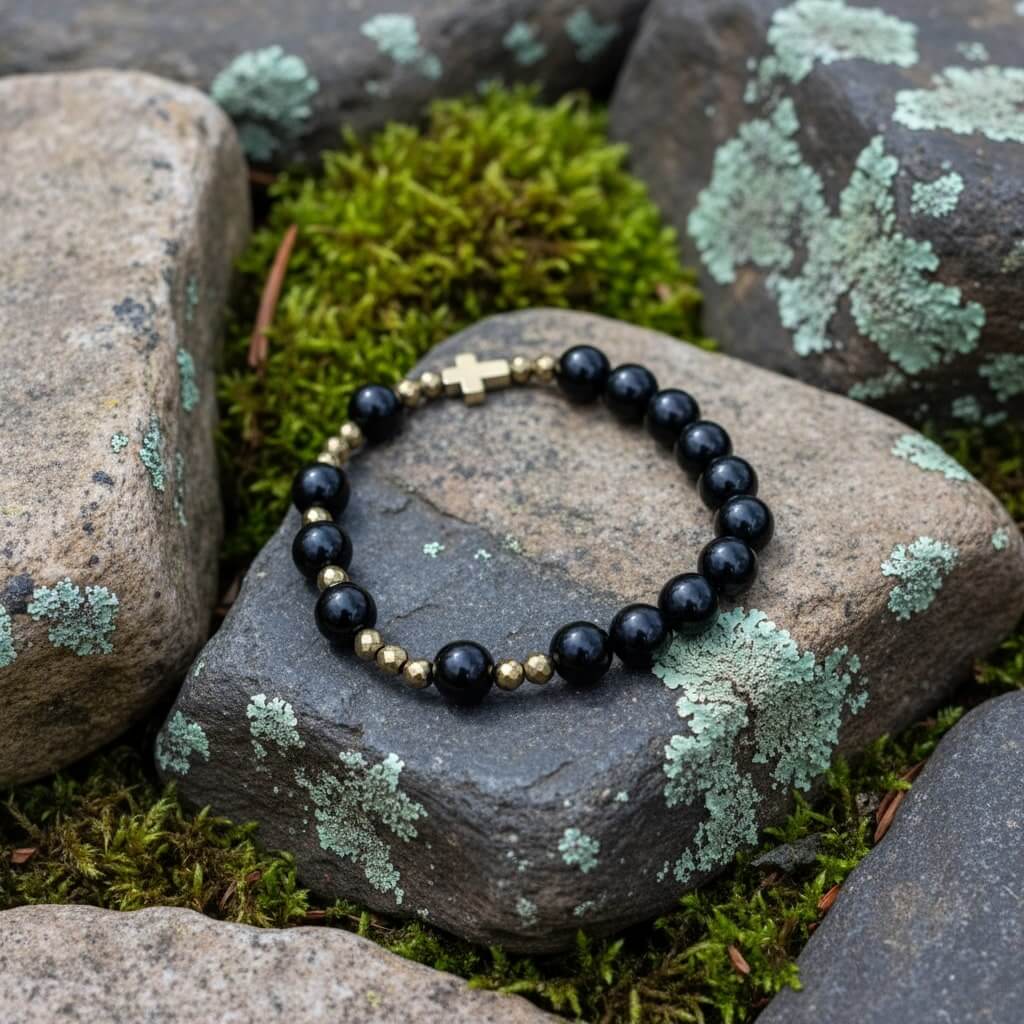 Bransoletka Różaniec Onyks • Złoty Hematyt