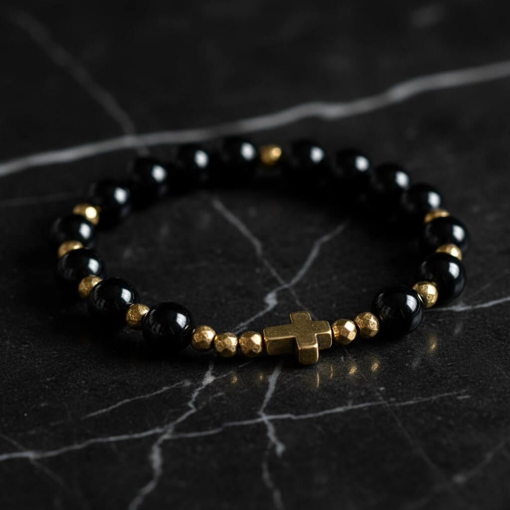 Bransoletka Różaniec Onyks • Złoty Hematyt - obrazek 3